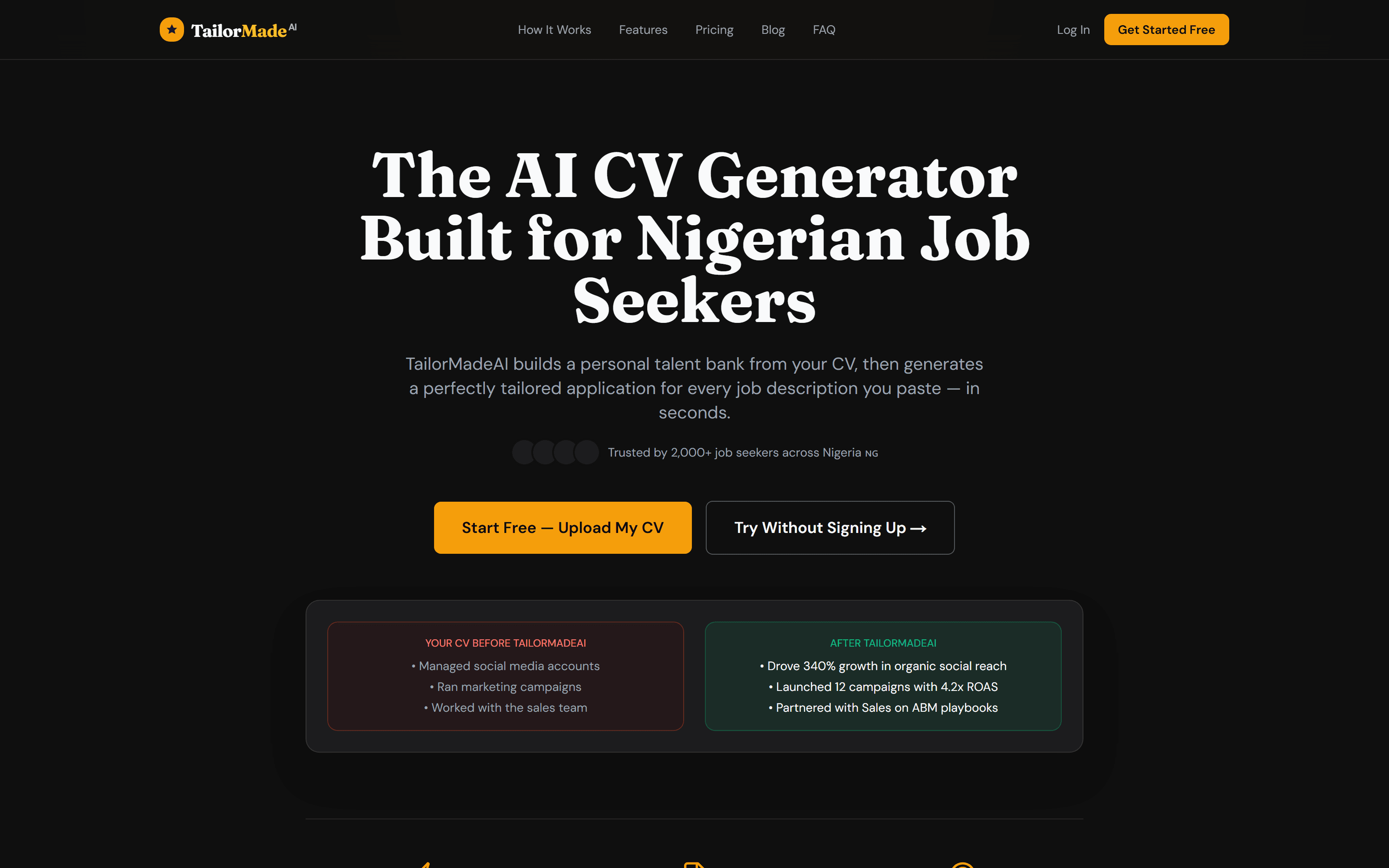 The TailorMadeAI home page, headlined “The AI CV Generator Built for Nigerian Job Seekers”, with a before-and-after comparison of CV bullet points.